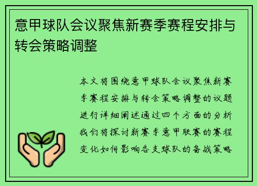意甲球队会议聚焦新赛季赛程安排与转会策略调整